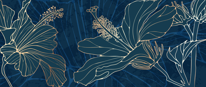 Luxury blue and gold hibiscus background, horizontal floral design template for invitations, branding, and websites