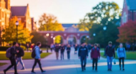 Fototapeta premium Blurred University Campus Scene — Students Walking Amid Colorful Ambient Light