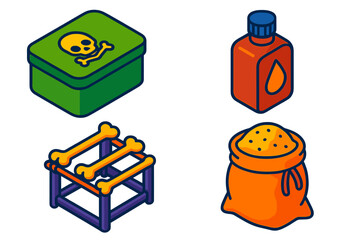 Historical Preservation Tools. Isometric vector illustration set Historical Preservation Methods: Arsenic soap tin, tanning