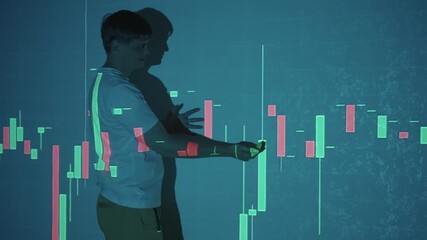 Man interacting with projected candlestick chart on wall, analyzing stock market fluctuations and financial data for trading strategies, investment planning, and business presentations, slow motion. - Powered by Adobe