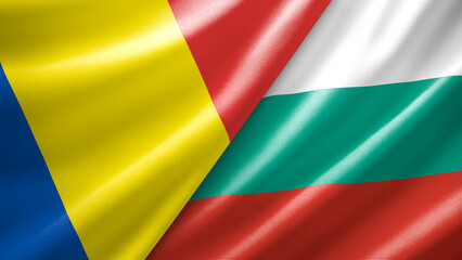 Obraz premium Romania and Bulgaria two national flags filling the entire frame, close-up view, edge-to-edge composition