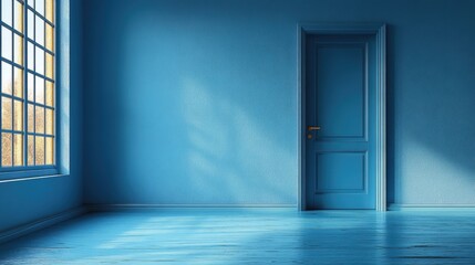 Obraz premium A serene interior shot of a blue-toned room featuring a window and a doorway. The scene evokes a sense of tranquility and calmness.