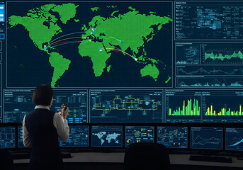 Woman looking at a world map on a large digital screen with data and graphs. Global network monitoring and cyber security concept.