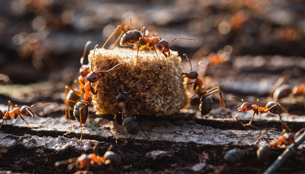 Hard work exemplified a cluster of ants diligently surrounds a crumb on textured bark. Symbolizes teamwork, determination, and resourcefulness. Perfect for nature, science, and business concepts.