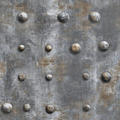 High-resolution galvanized metal texture featuring rivets, surface wear, rust stains, and industrial patina. Ideal for 3D materials, video games, architectural visualization, graphic design