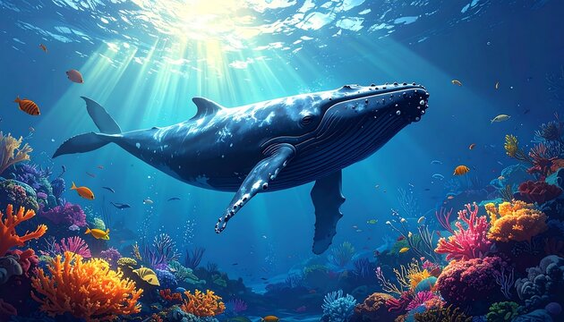 Humpback whale swims in clear ocean water with coral reef and shafts of sunlight filtering through the surface - Powered by Adobe