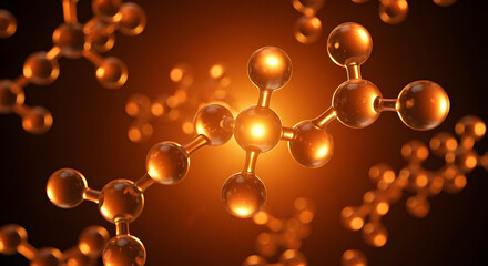 Abstract glowing molecular structures in warm orange and brown tones representing science chemistry and innovation with a bokeh effect