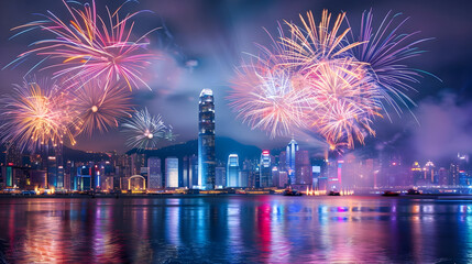 Hong Kong Skyline Fireworks: Vibrant Night Celebration Over Water.
