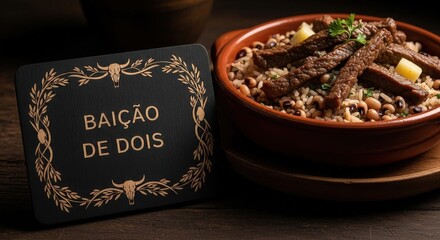 Bai&atilde;o de Dois with Beef Strips &ndash; Rustic Brazilian Rice & Beans Dish, Jatob&aacute; Wood Sign & Cow Skull Motifs, Resilient Cultural Lighting Photography