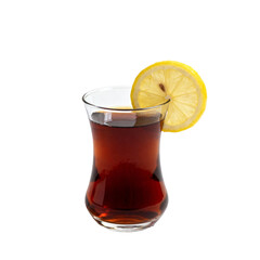 A glass of tea with a lemon slice on a white background in a studio setting for a refreshing drink