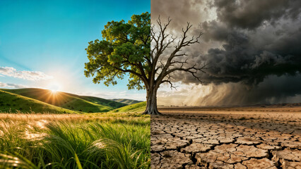 Solitary tree split between lush green landscape and dead dry wasteland, representing climate change and environmental contrast