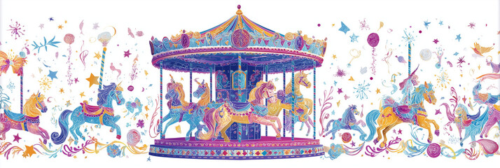 Carousel with horses and unicorn decorations for festive event invitations, children's book illustrations, circus themed graphics, and fantasy themed designs.