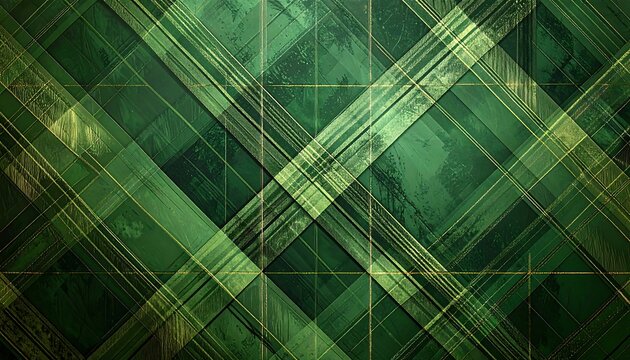 Green plaid pattern with gold lines and grunge texture; modern yet classic, angled perspective