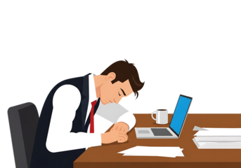 Tired businessman sleeping at his desk with laptop isolated on transparent background