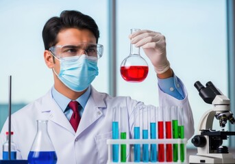 Scientist in a lab coat wearing a mask and glasses examines a round flask with red liquid, surrounded by test tubes and a microscope