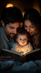A loving family reads a glowing storybook to their adorable baby together in a warm, cozy home at night.