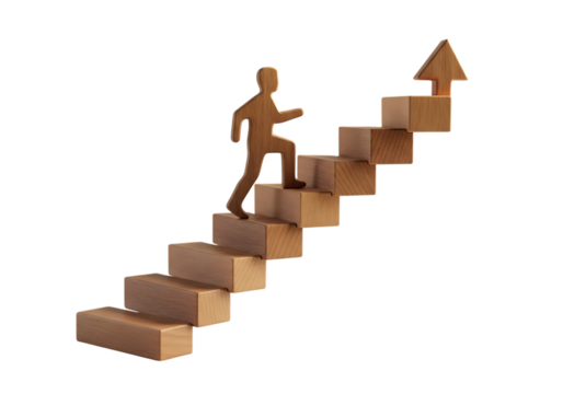 Wooden figure climbing stairs towards an upward arrow isolated on transparent background