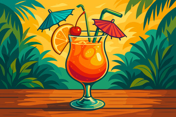 Tropical Cocktail Delight. Vibrant tropical vector illustration cocktail with colorful umbrellas and garnishes served on a wooden
