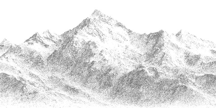 Monochrome stipple landscape, alpine ridgeline under soft grain and dense pointillism shading. Craggy peaks, snowlike highlights, airy valley haze. Vector illustration