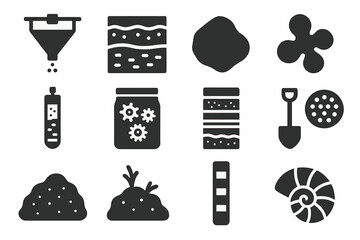 Sediment Analysis Icons. Solid style icons of sediment analysis: sediment trap, layered soil profile, silt grain, clay particle,
