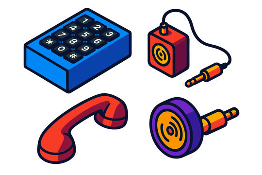 Phone Phreaking Essentials. Isometric vector illustration set Phone Phreaking Tools: Blue box with keypad, 2600 Hz tone generator,