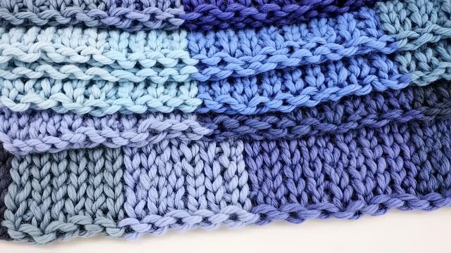 Close-up of knitted fabric with gradient shades of blue