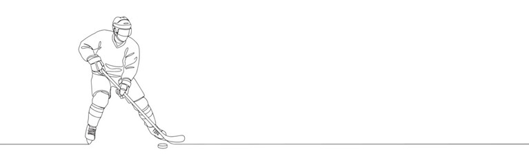 Continuous one thin smooth line simple minimalistic drawing of a hockey player silhouette on a white background