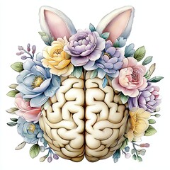 Bright and imaginative Easter-themed illustration featuring a human brain with bunny ears and a pastel floral crown