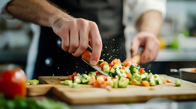 Chef slicing various fresh vegetables on a wooden cutting board - Powered by Adobe