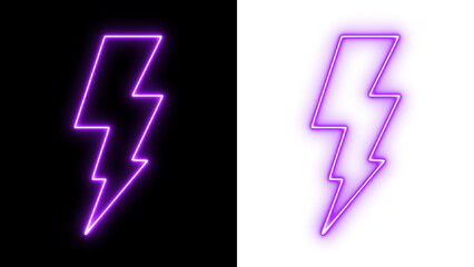 Neon purple thunderbolt silhouette glowing on black and transparent backgrounds, electric energy symbol design