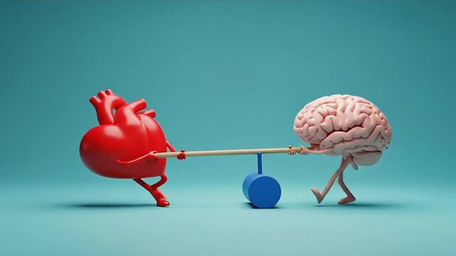 Heart vs brain tug of war on teal background &ndash; emotional vs rational decision concept