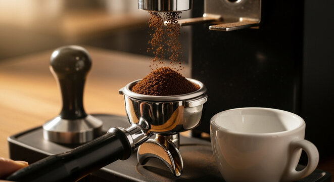 Fresh ground coffee powder falling into espresso portafilter and cup  