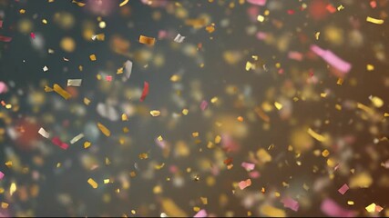Festive multicolor confetti falling slowly against a dark blurred background. Golden, pink, and red paper strips float through the air with a shallow depth of field, creating beautiful bokeh effects. - Powered by Adobe