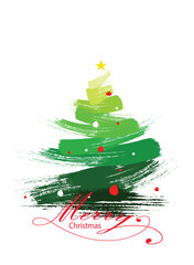 Christmas tree Vector illustration, brush strokes of spruce paint, Christmas tree painted with a brush decorated with a star on top and beads on a white isolated backgroun.eps10