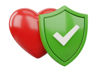 Red heart protected by green shield with checkmark isolated on transparent background