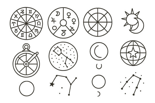 Astrology Line Icons. Line style icons of Star Charting: Natal Chart, Planetary Positions, House Layout, Zodiac Sign; Sun Glyph,