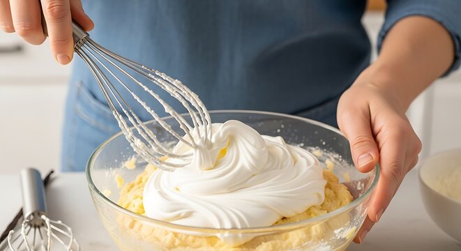 Culinary artistry: the meticulous blending of sweet batter and luscious whipped cream promising a delicious creation
