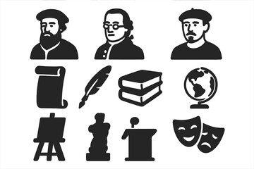 Icons of Intellectual Heritage. Solid style icons of History of Ideas: renaissance philosopher, enlightenment scholar, modern