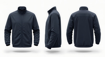 Versatile dark blue men's lightweight track jacket mockup template, showcasing front, side, and back views for effective product design presentation and apparel branding