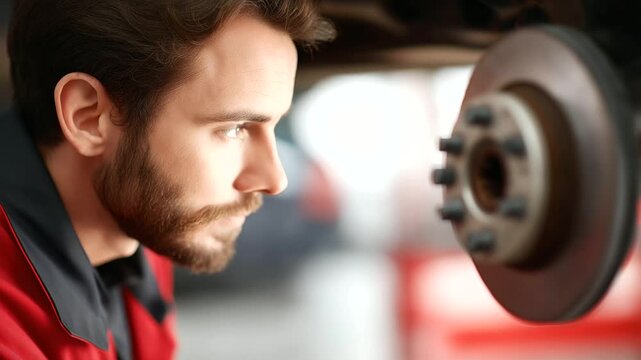 Mechanic examining car brake system defocused inspection, faceless automotive work, brake visualization detail, blurred workshop background, diagnostic concept, vehicle interface,