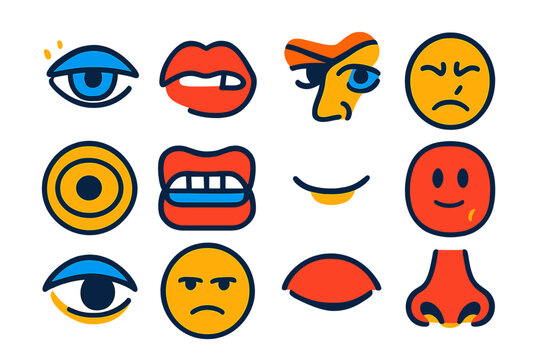 Minimalist Facial Icons. Flat vector icons of involuntary facial cues: twitching eyelid, lip bite, eyebrow flick, nose wrinkle,