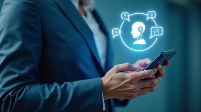 A person in a blue suit holds a smartphone, with a glowing AI icon (human head with tech elements) and various query bubbles above, representing AI-driven cognitive or query-solving interaction.