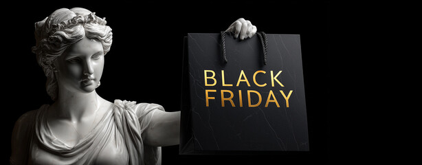 Extreme close-up, portrait of a classical white marble statue of a young woman holding a black shopping bag with gold “BLACK FRIDAY” text, isolated on black background with copy space. Generative Ai.