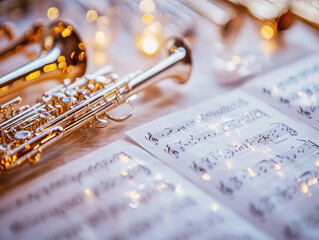 Obraz premium Various brass instruments are neatly arranged next to sheet music under warm lights, creating a cozy atmosphere. Musical notes and patterns are clearly visible on the sheets, inviting play.