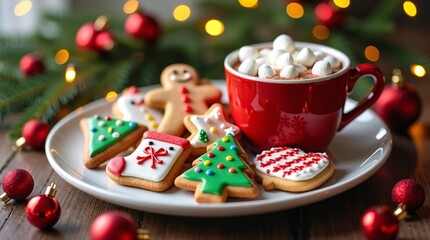 A red mug of hot chocolate with marshmallows, festive Christmas cookies, and holiday decorations like red ornaments and a tree in the background.