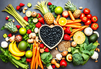  heart shaped bowl of black beans surrounded by superfoods and vegetables