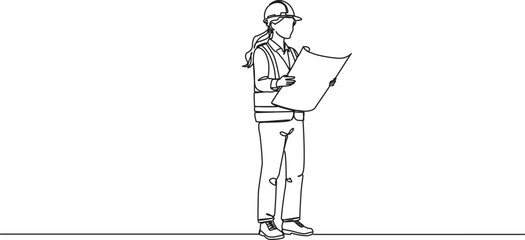 continuous line drawing of female civil engineer or construction worker holding blueprint, line art vector illustration