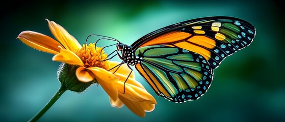 Butterfly pollinating flower in vibrant garden macro photography nature scene close-up view beauty of wildlife