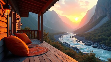 A wooden cabin porch with orange cushions and rugs offers a view of a river flowing through a mountain valley at sunset.