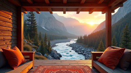 A wooden gazebo with orange cushions and a rug offers a view of a river flowing through a mountain valley at sunset.